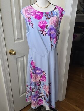 LONDON TIMES BRAND WOMEN'S BLUE AND PINK PLUS FLORAL SLEEVELESS DRESS SIZE 16